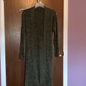 very long green long sleeve open sweater